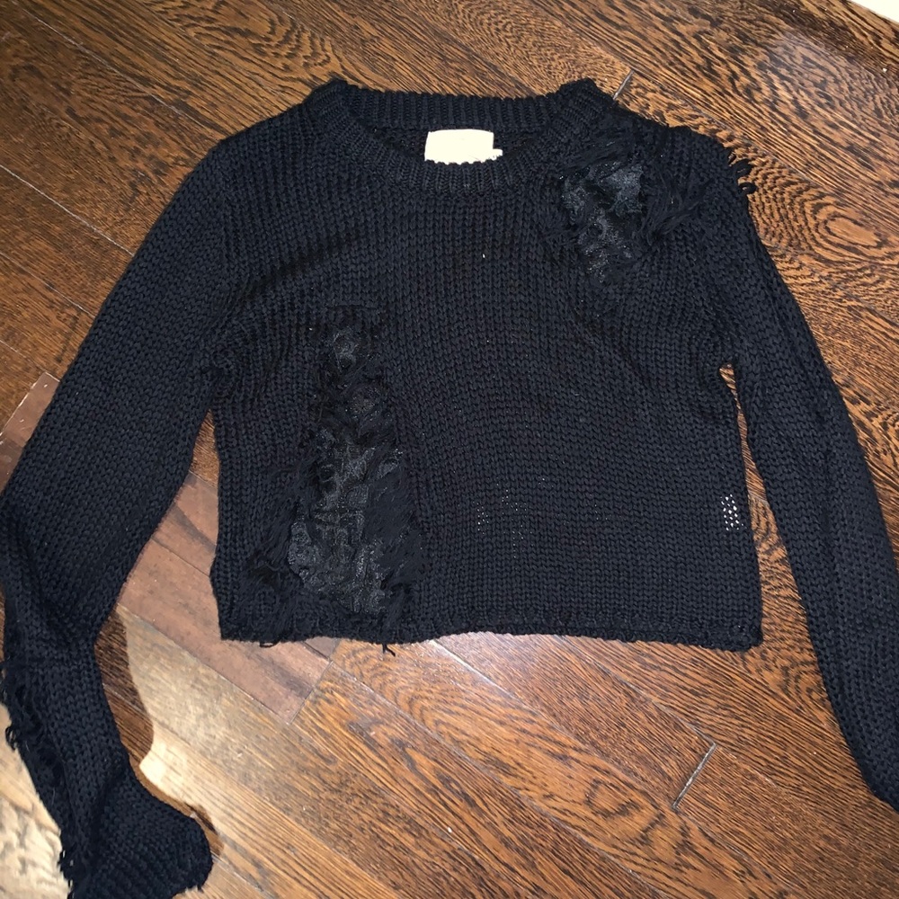LF “distressed” sweater with lace insert